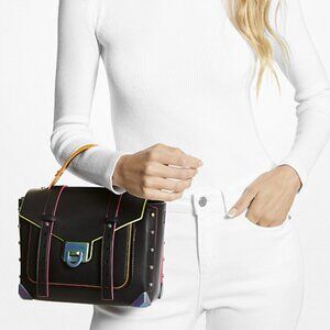 NWT Michael Kors Manhattan Medium Contrast-Trim Leather Satchel BLACK